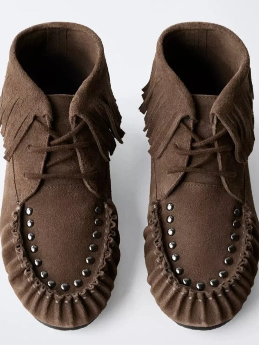 Zara Low Heel Leather Fringed Ankle Moccasin Boots Brown NWT